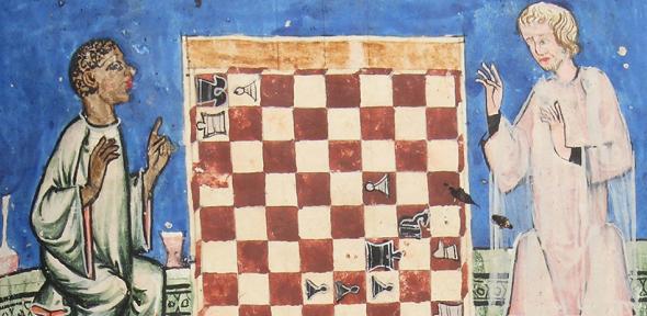 A Black chess player about to win against a light-skinned cleric. Chess problem 88 in the Libro de axedrez, dados e tablas (Seville, 1283). Credit: Patrimonio Nacional. Real Biblioteca del Monasterio de El Escorial