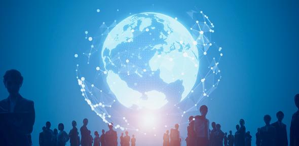 Graphic representing world leaders standing in front of a globe