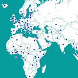 A map of the world with dots showing where we make an impact in nearly every country.