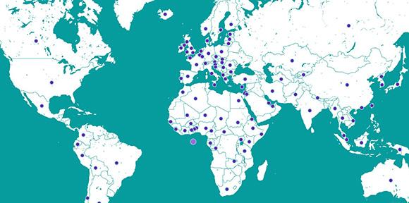 A map of the world with dots showing where we make an impact in nearly every country.
