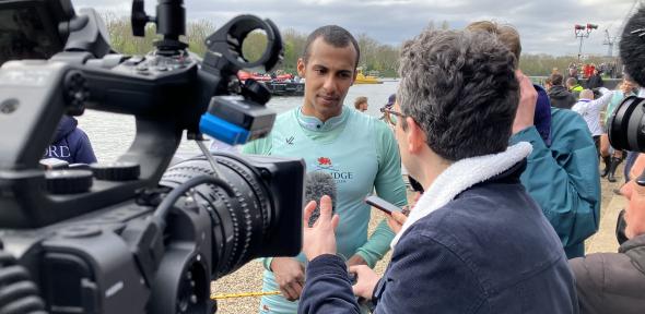 Cambridge Men’s President Noam Mouelle interviewed by the media after The Boat Race