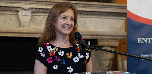 Vice-Chancellor Professor Deborah Prentice speaking to Innovators in France at Station F, Paris.